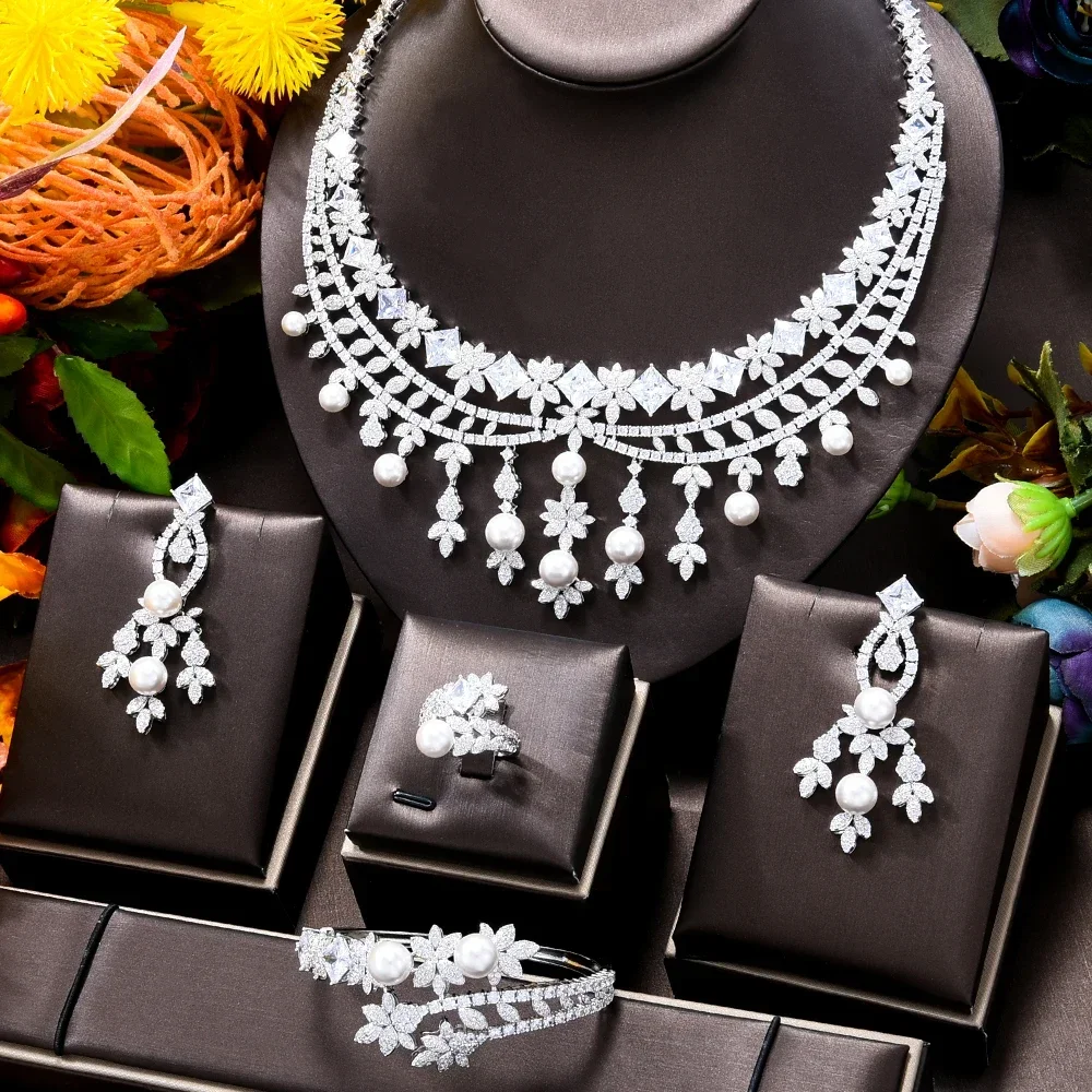 Soramoore Luxury 4PCS Big Bold Flowers African Nigerian Jewelry Set For Women Wedding Party Zirconia Indian Bridal Accessory