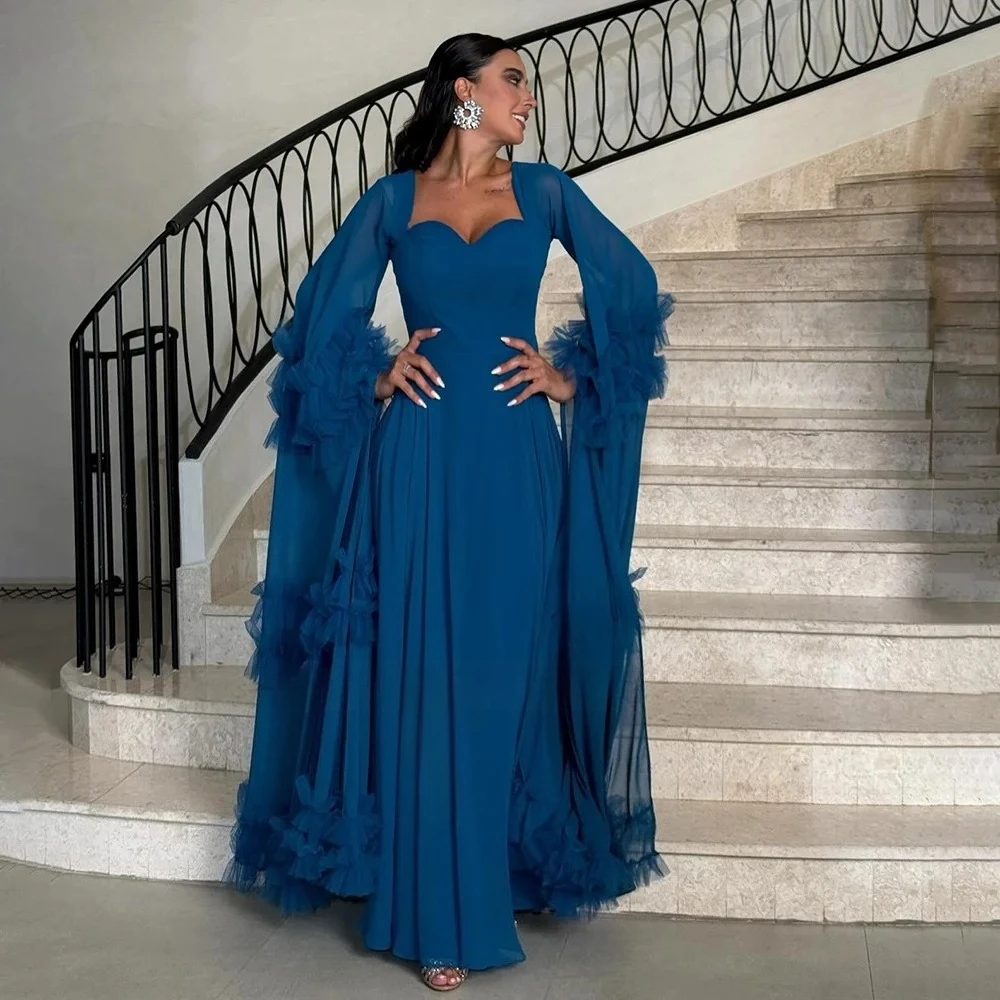 

Вечернее платье макси с оборками и длинными рукавами, милая шея, трапециевидной формы, длиной до пола, платье для выпускного вечера знаменитостей, вечернее платье по индивидуальному заказу