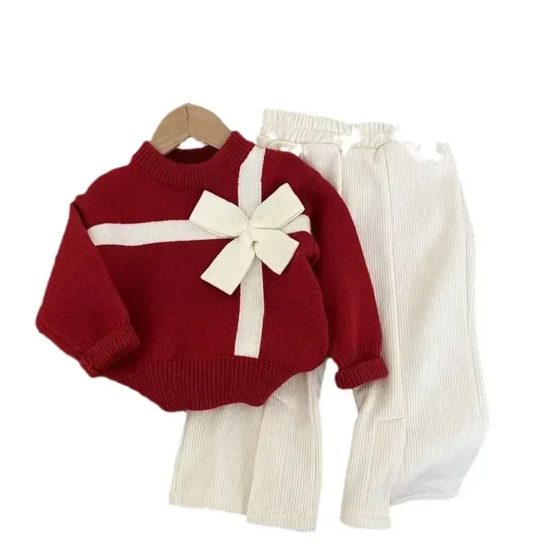 Girls\' Autumn Christmas Sweater Baby Girls\' Big Bow Knitted Sweater Coat Clothes 2023 Autumn/Winter New Pants for Girl