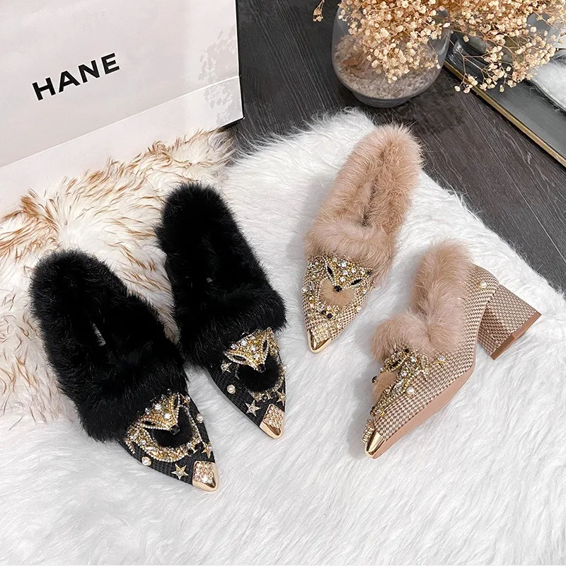 

Women's Winter Rabbit Fur Thick Heeled High Heels Fashion Fox Pointed Tip Women Fluffy Thick Heel Heightening Short Boot Zapatos
