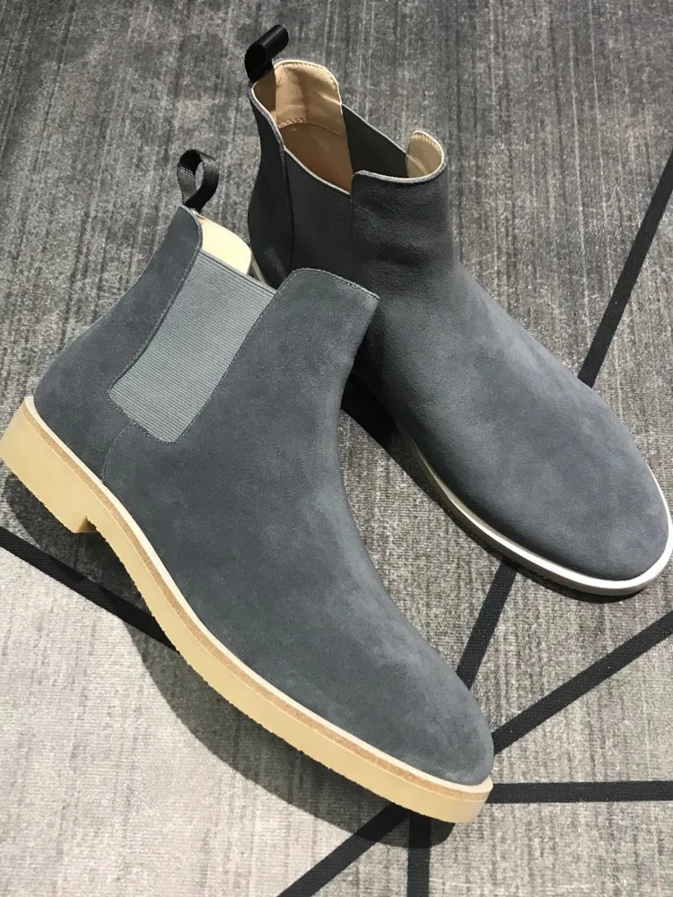 British Style Vintage Mens Business Work Cow Suede Leather Chelsea Boots Slip On High Top Ankle Low Heels Boots Loafers Shoes