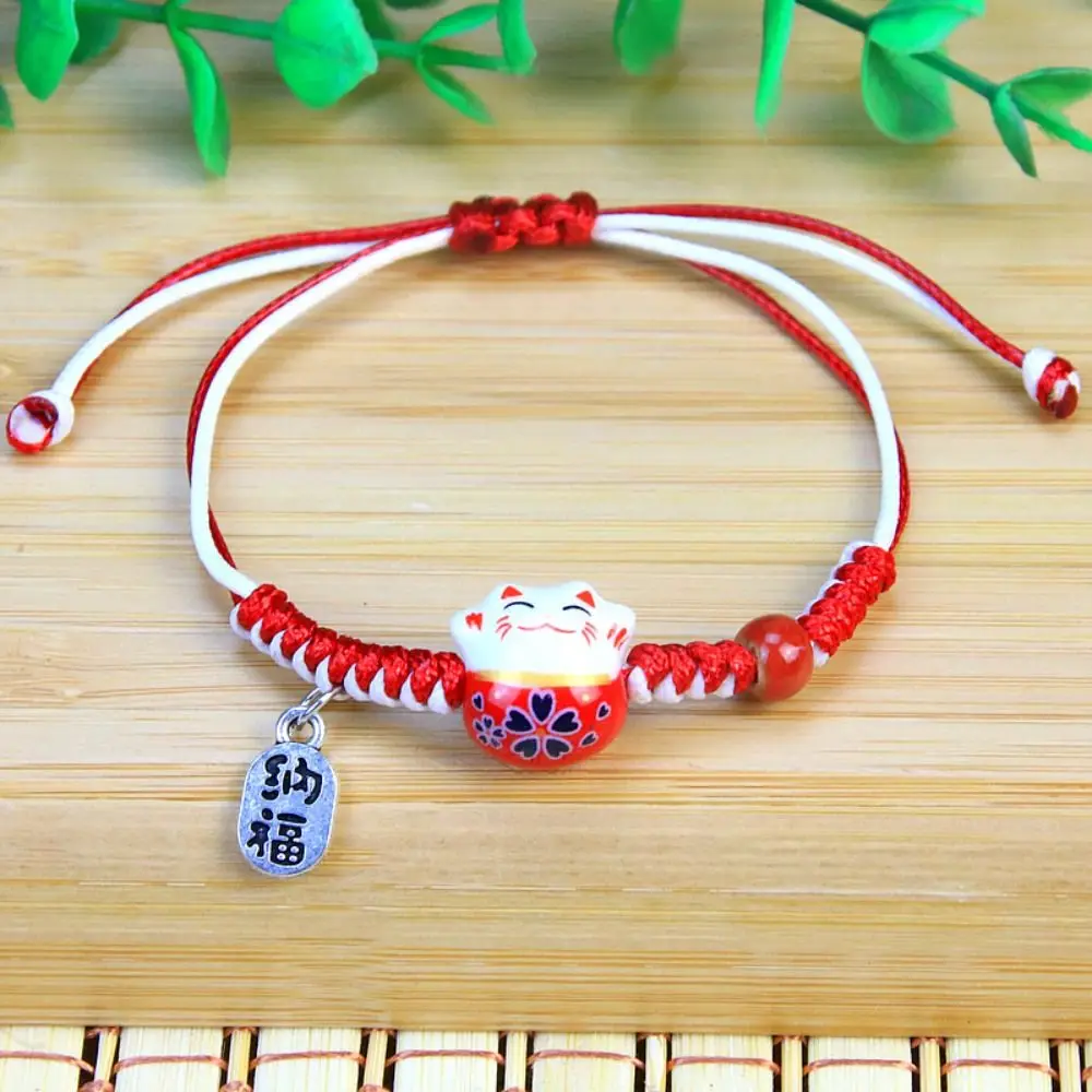 Colgante de cerámica con diseño de gato Maneki Neko, pulsera de cuerda de dos colores, cuerda trenzada roja, hilo encerado hecho a mano, anillo de mano para mujer, para hombre