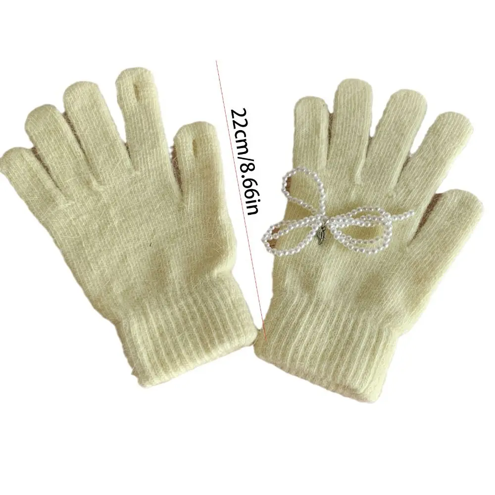 Guantes de punto con lazo de perlas para mujer, manoplas de terciopelo a prueba de viento, color caramelo, pantalla táctil, Invierno