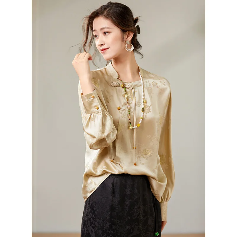 BirdTree, 100%Real Silk Elegant Shirt, Women Long Sleeve Embroidery, Jacquard Vintage Designed OL Blouse, 2024 Spring T43532QC