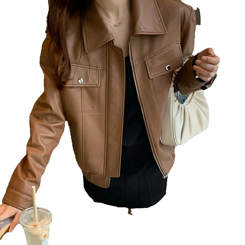 New Sheepskin Genuine Leather Jacket For Women's Motorcycle Leather Jacket Casual Style