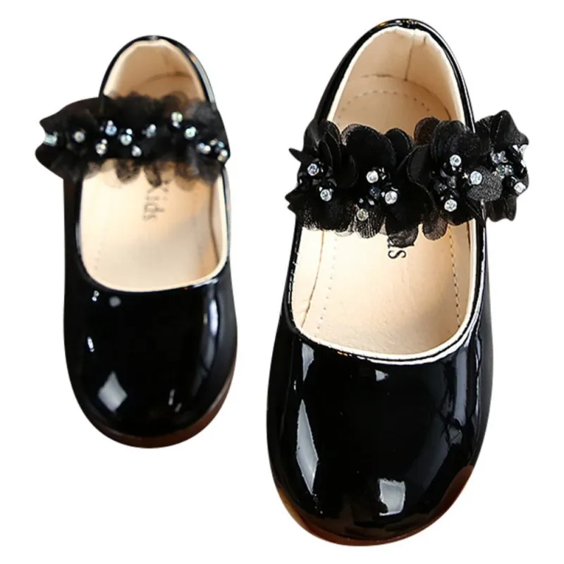 Girls Lace Flower Non-slip Flat Leather Shoes Girls Glossy Princess Toddler Shoes 2-12 Years Baby Girl Leather Shoes