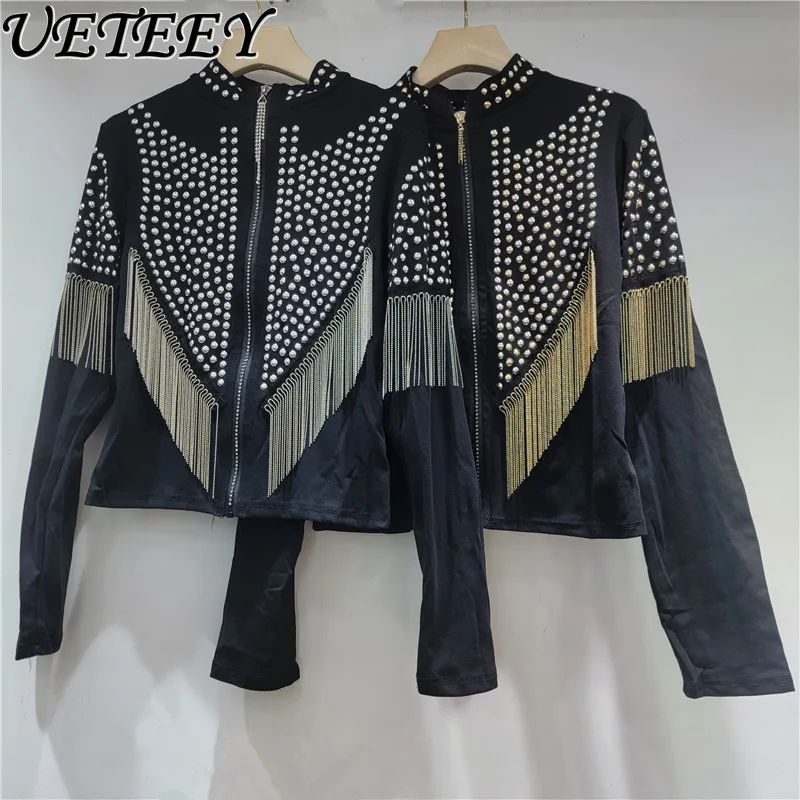 

Trend INS хип-хоп универсальный золотой кардиган с кисточками для женщин стильный воротник-стойка Slim Fit короткое пальто на молнии