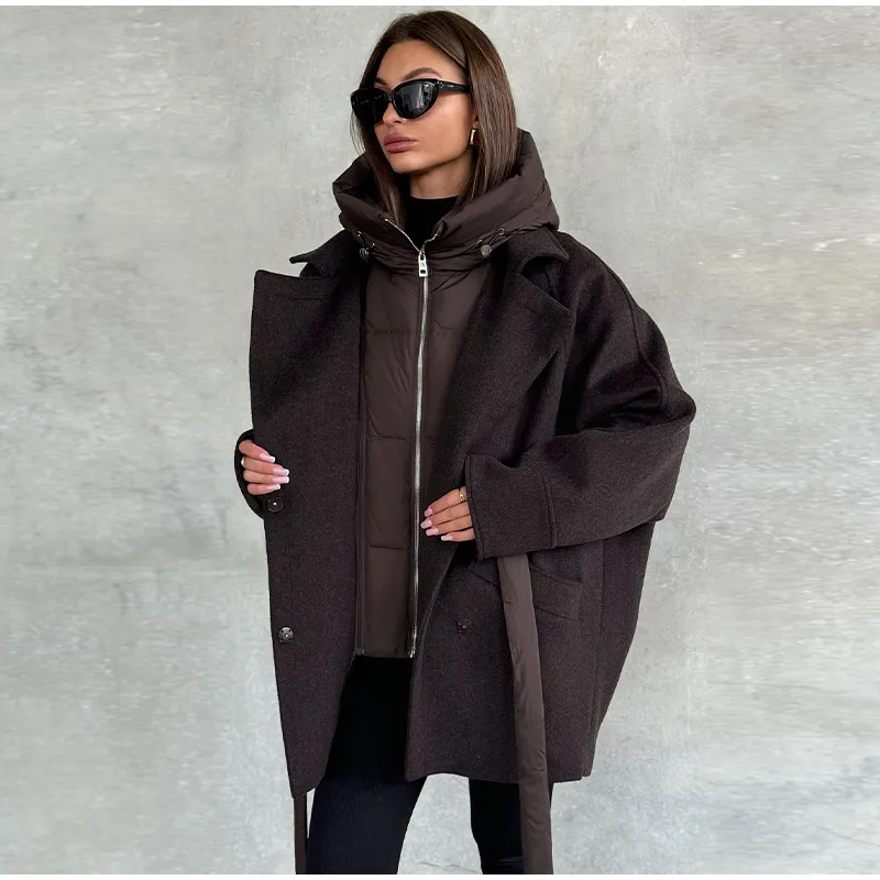 Solid Patchwork Women's Jackets Detachable Hooded Lace Up Pockets Coats Lady Chic Loose Outerwears 2026 Spring Autumn New Coat