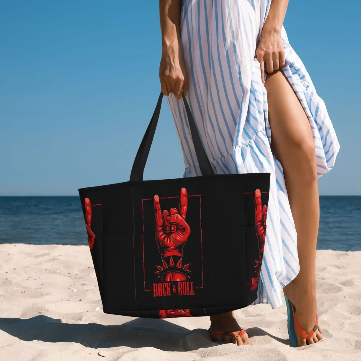 Rock Star Skull Rock N Roll Beach Tote Bag Sport Gym Yoga Duffle Large Tote Bag Women Travel Bag Fitness bag