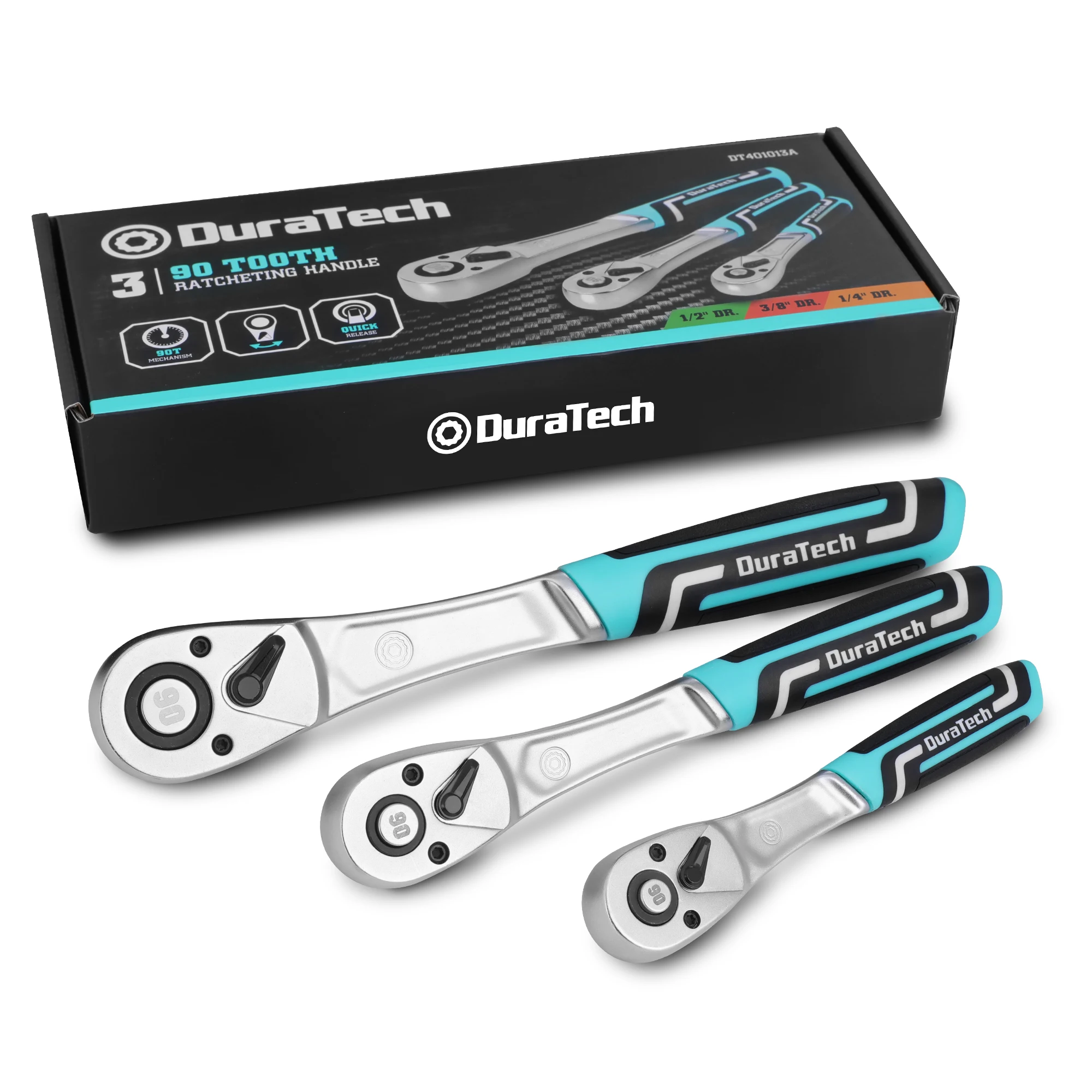 

DURATECH 3-Piece Drive Ratchet, 1/4", 3/8", 1/2" 90-Tooth Quick-release Ratchet Wrench with Cushion Injection Handle, Ergonomic