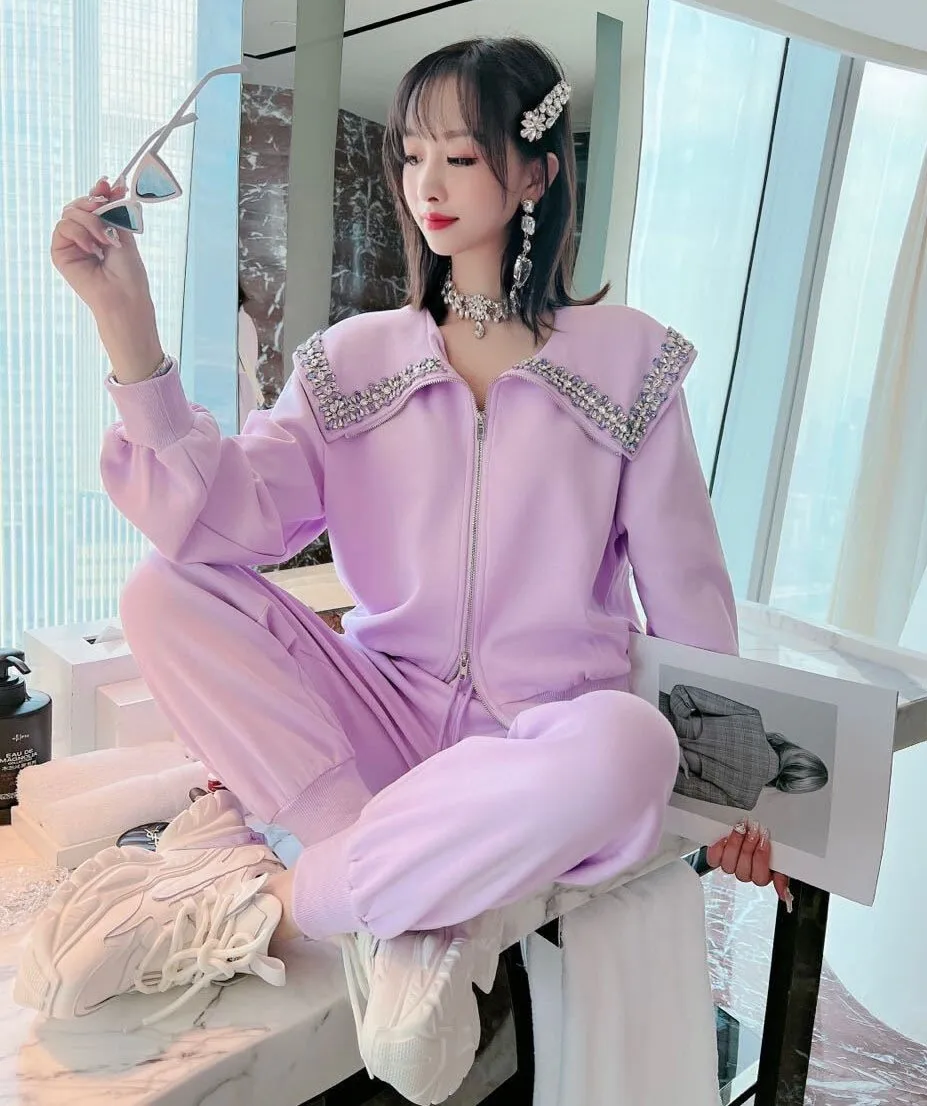 Exquisite Rhinestone Large Lapel Zipper White Hoodie Women Cardigan 2023 Spring New High Waist Casual Pants Sports Two-Piece Set