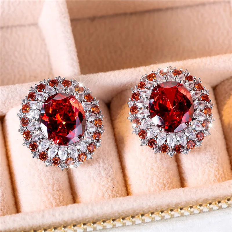 Weibliche Kristall Rot Zirkon Stein Stud Ohrringe Vintage Silber Farbe Hochzeit Schmuck Für Frauen – Detail 3