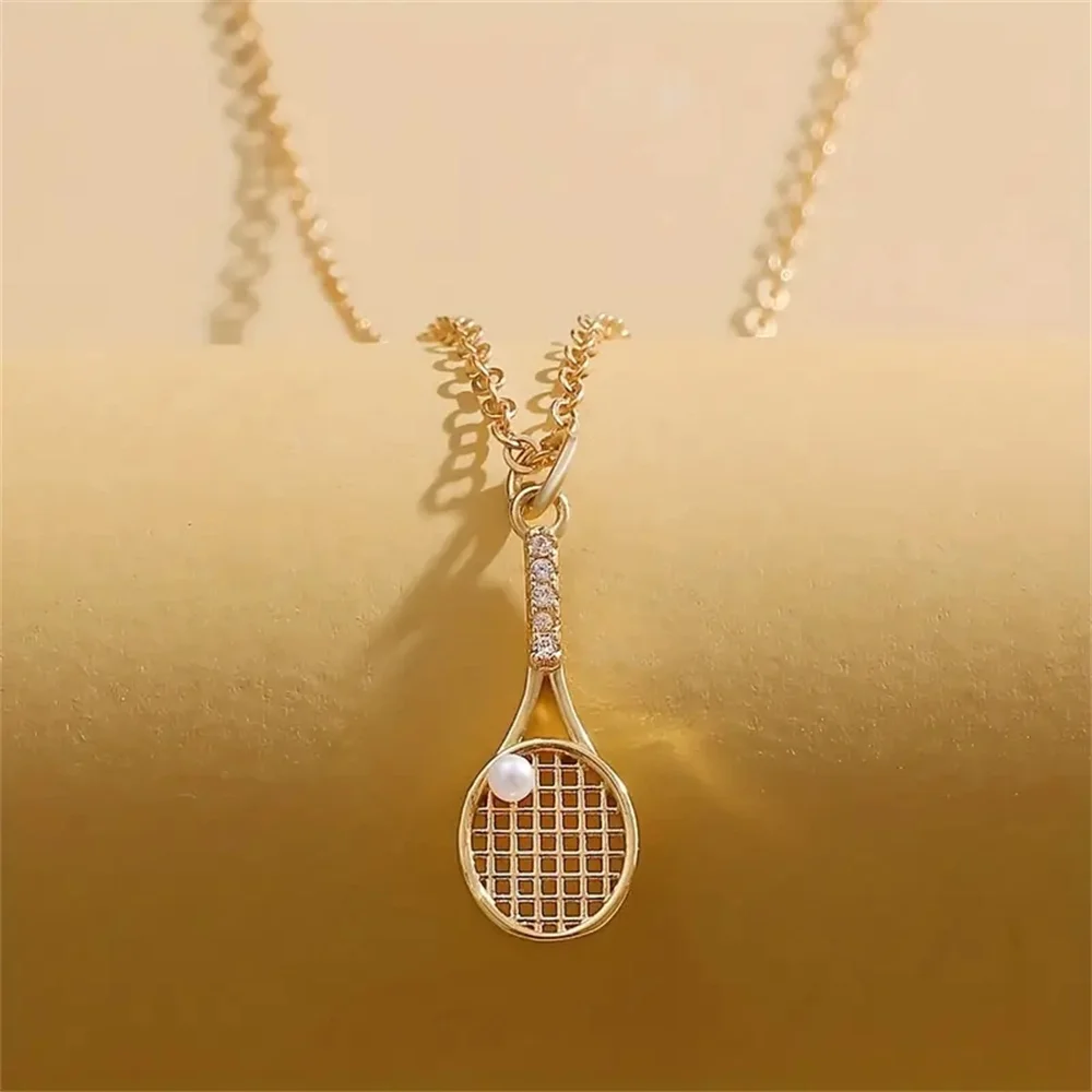 1 Pc Trendy Tennis Racket Palm Pearl Pendant Necklace For Men And Women, Vintage Creative Zircon Faux Pearl Tennis Ball