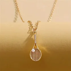 1 Pc Trendy Tennis Racket Palm Pearl Pendant Necklace For Men And Women, Vintage Creative Zircon Faux Pearl Tennis Ball