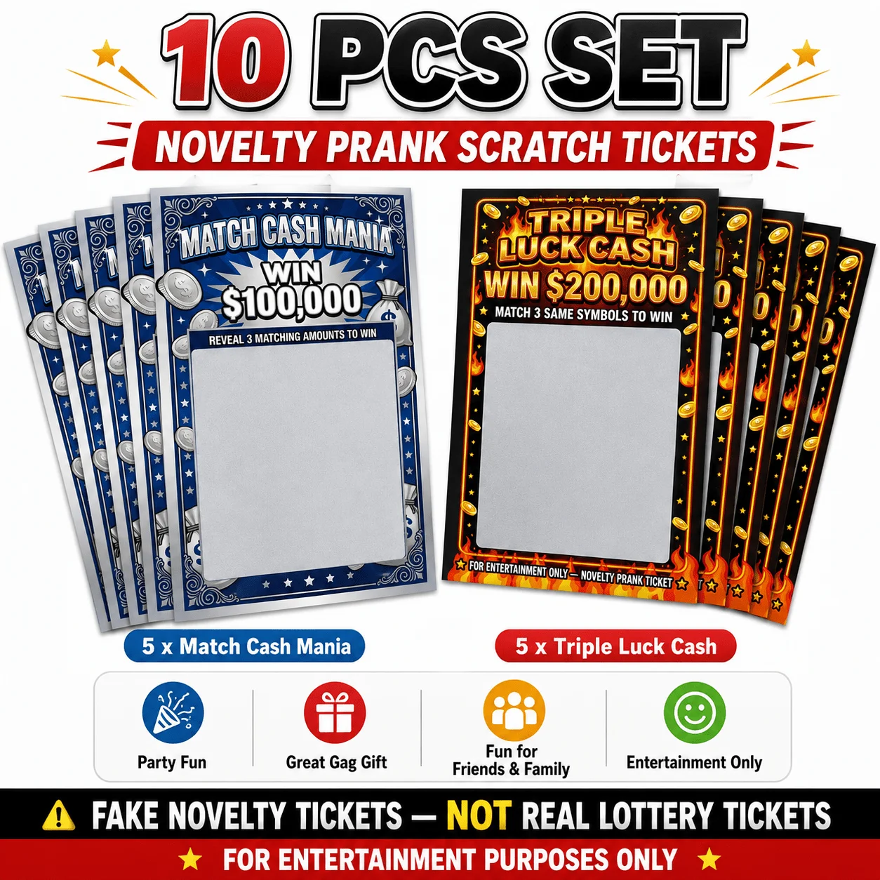 Prank Scratch Off Tickets 10 Pack, Fake Lottery Cards with 2 Designs, Match Cash Mania & Triple Luck Cash,Entertainment Only