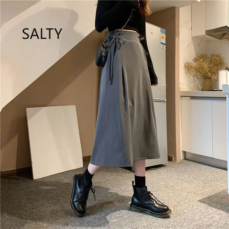 2025 New Korean Skirt Women Solid Mid-length Pleated Skirt Black and Grey Lace-up Skirt Female Long Skirts for Woman