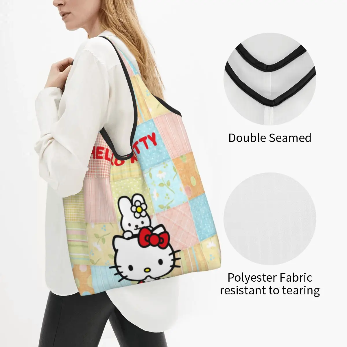 Kawaii Sanrio HelloKitty Cartoon Reusable Shopping Grocery Bags Foldable 50LB Weight Capacity Eco Bag Eco-Friendly Ripstop