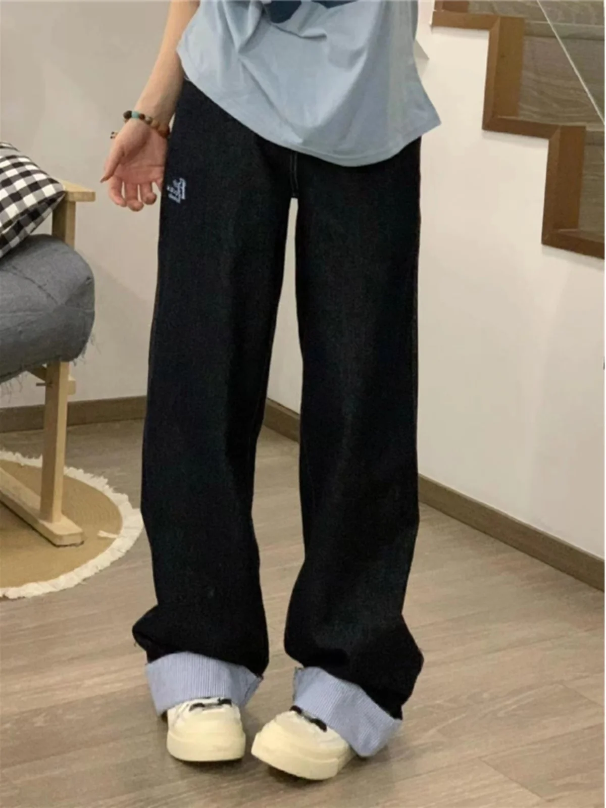 American Retro Striped Patchwork Straight Leg Denim Jeans Women's Embroidery Dra Loose Wide Leg Floor-Length Pants