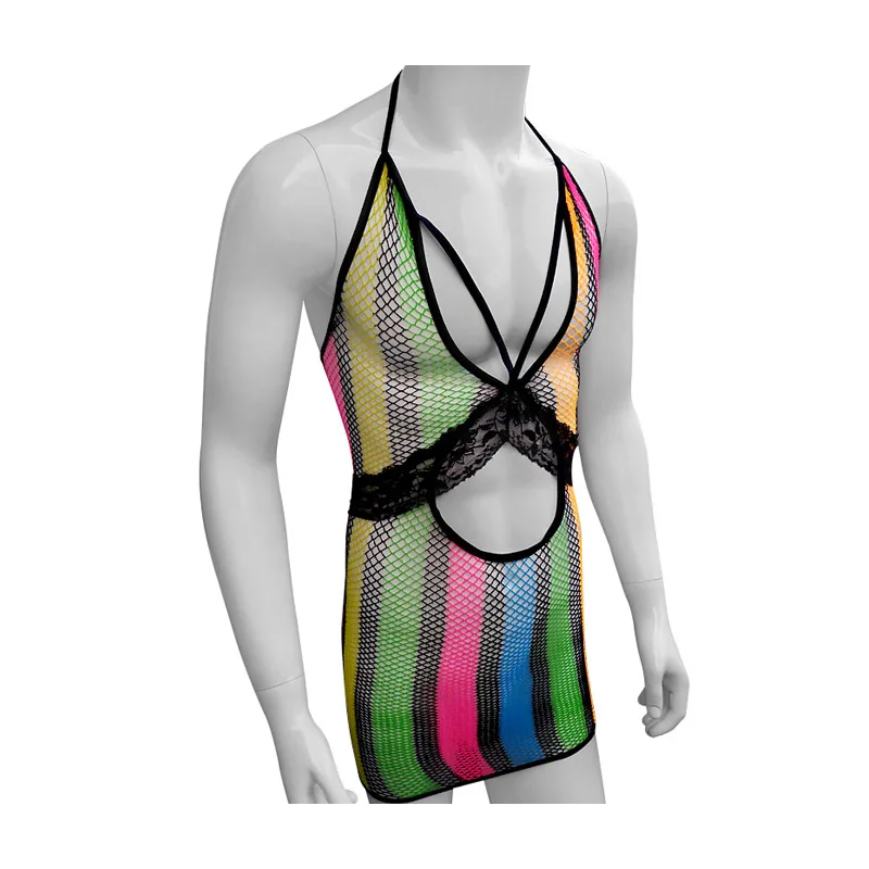 

Sissy Men Sexy lingerie Striped See Through Top Male Cross Dressing Sexy Fetish Hot Shirt Passionate Rainbow Gay Costume