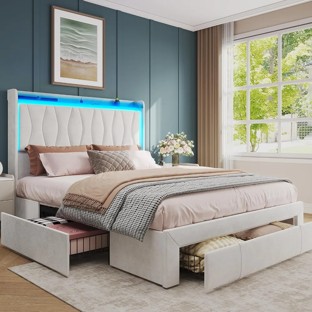 

Fameill Queen Size Bed Frame with LED Light and 3 Drawers Storage, Upholstered Velvet Platform Bed Frame with Charging Station,