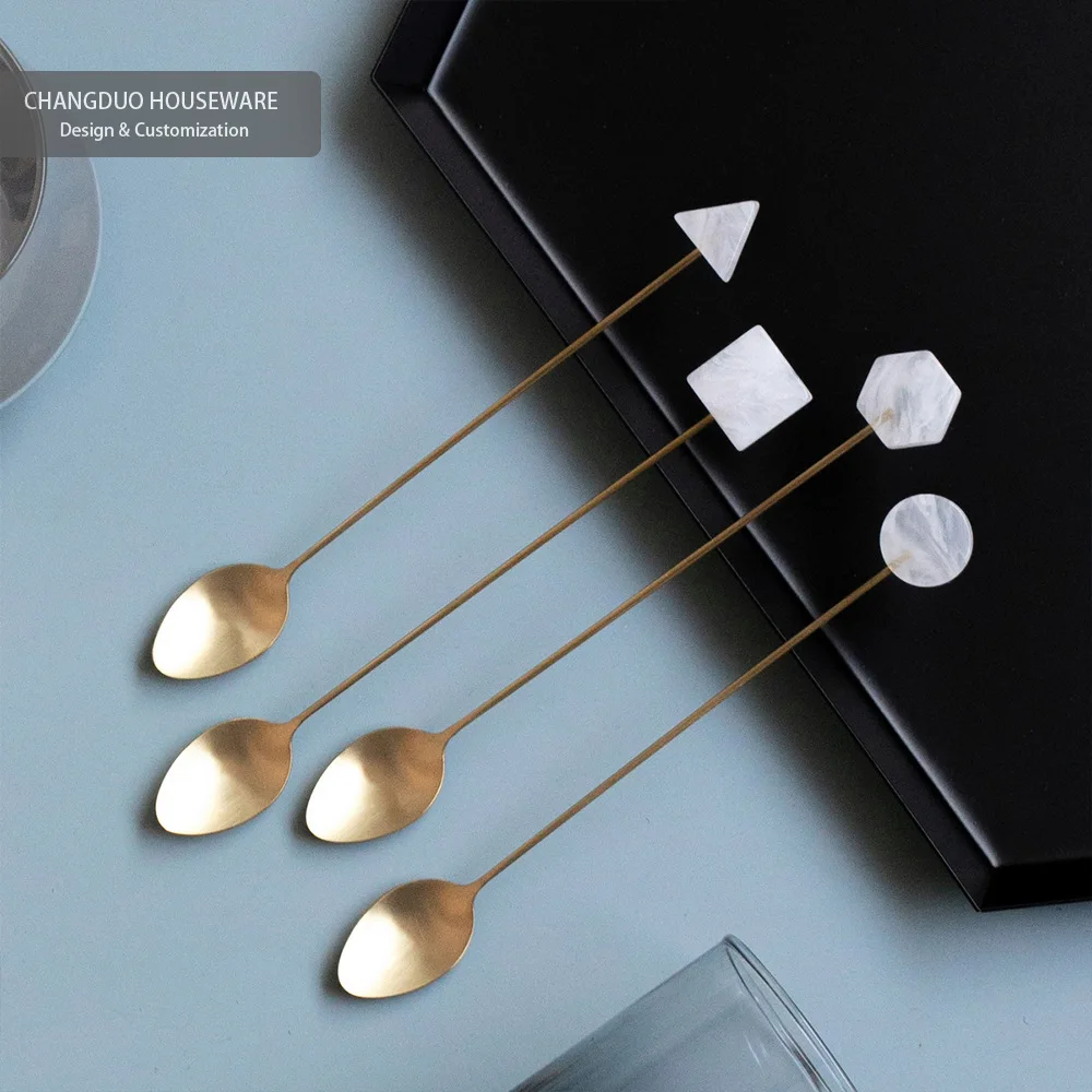 Stainless Steel Dessert Spoon, Geometry, Cookies, Ice Cream, Long Stirring, Coffee Spoon, Kitchen Accessories, 1Pc