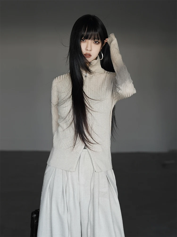 

Женский вязаный свитер-пальто с двойной молнией и воротником-стойкой, длинный рукав, осенне-зимний, приталенный, однотонный, стройнящий, из трикотажа