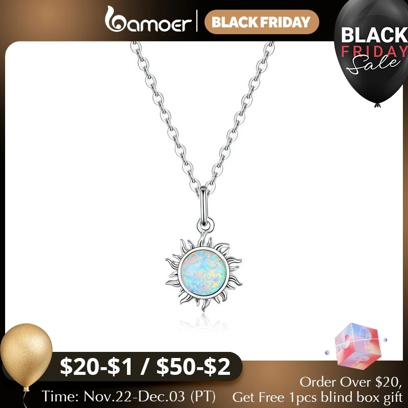 Bamoer 925 Sterling Silver White Opal Sun Pendant Necklace Apollo Chain Necklaces for Women Birthday Gift  Jewelry 17.71''