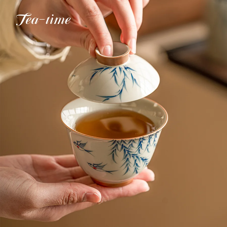 130ml Plant Ash Gaiwan  Willow Swallow Ceramic Tea Tureen Covered Bowl Single High-end Kung Fu Teaware Tea Maker Cup Tea Bowl