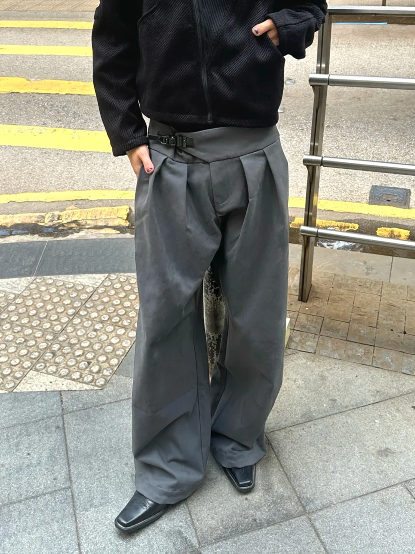 

ay Adjustable Waist Design Men's And Women's Commuter Casual Straight Leg Pants Vintage Pleated All-Match Long Trousers