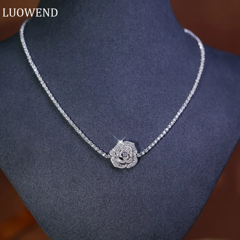 

LUOWEND 18K White Gold Necklace Luxury Camellia Design 2.85carat Real Natural Diamond Necklace for Women High Wedding Jewelry