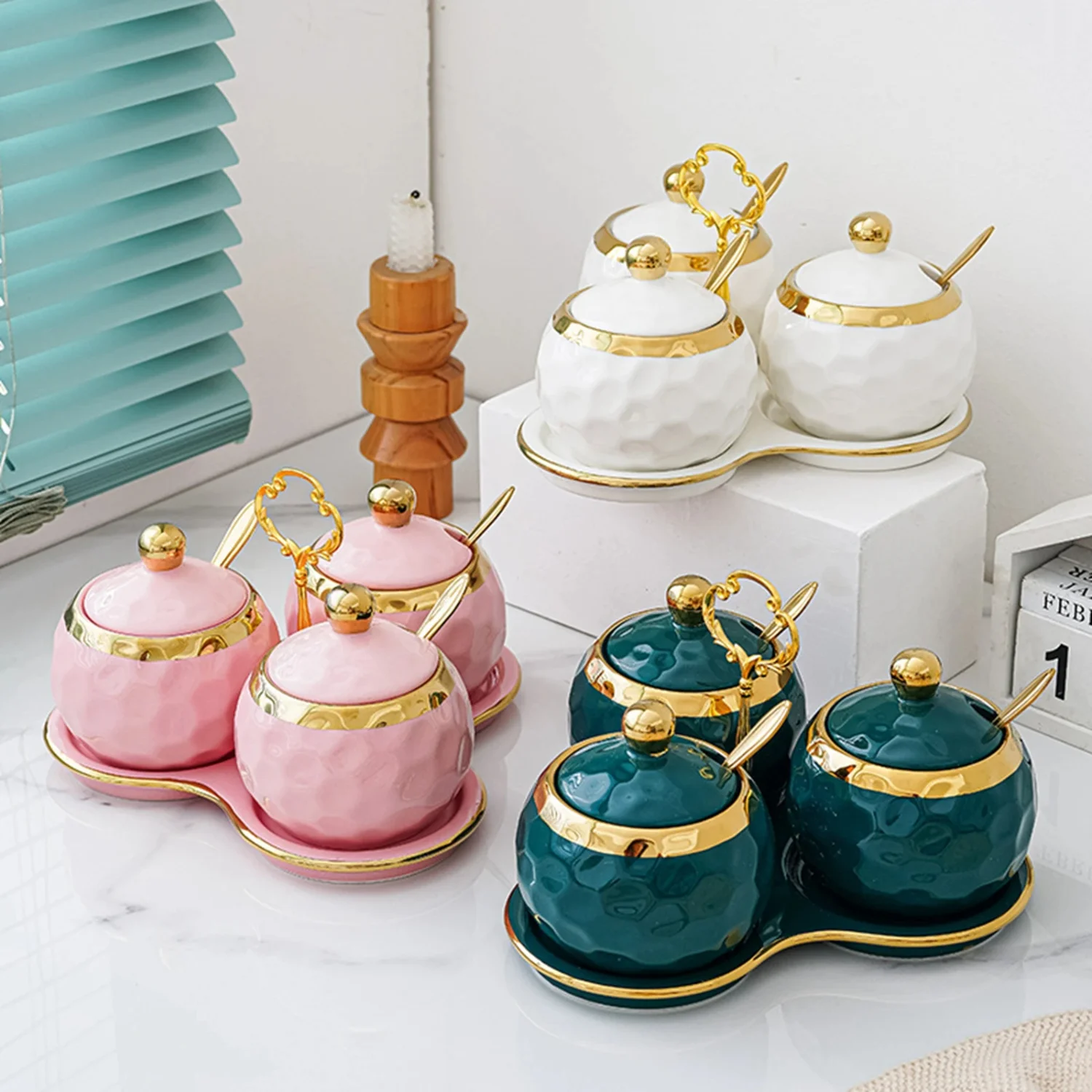 3pcs Ceramic Spice Jars Condiment Jars  Restaurants Sugar Kitchen Counter White Ceramics Spice Jars Set Container Canisters