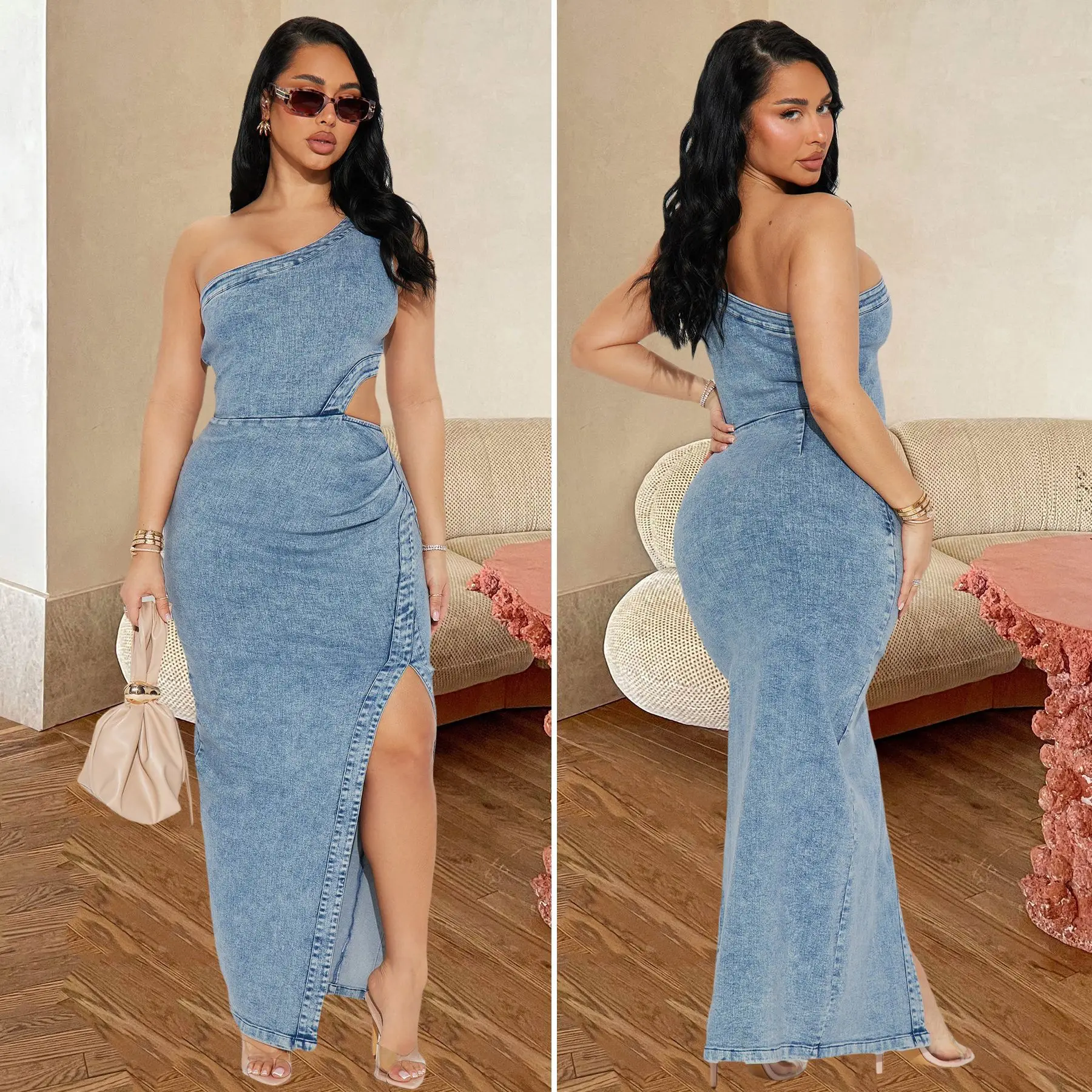 

Women Dress Sexy Off-The-Shoulder Sleeveless Backless Elastic Denim Dress Casual Tight-Waisted Hollow Out Split Jeans Dresses