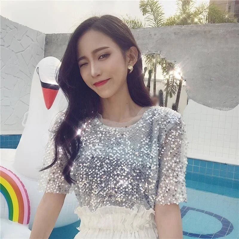 iny Sequin ort Sve Chiffon Top Korean Sle Summer Bright Lady Faionable Outerwear Lace Collar Stand out Piece