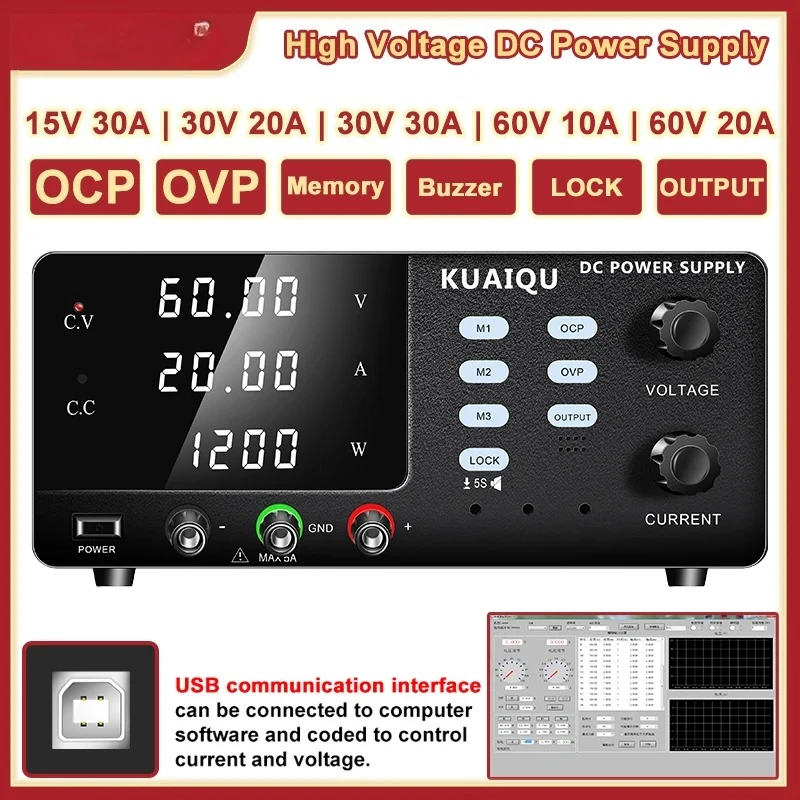 KUAIQU High-Voltage Lab DC Motor Driver Testing Power Supply 12V 24V 36V 48V Adjustable Stabilizer Source USB Port OCP OVP Aging