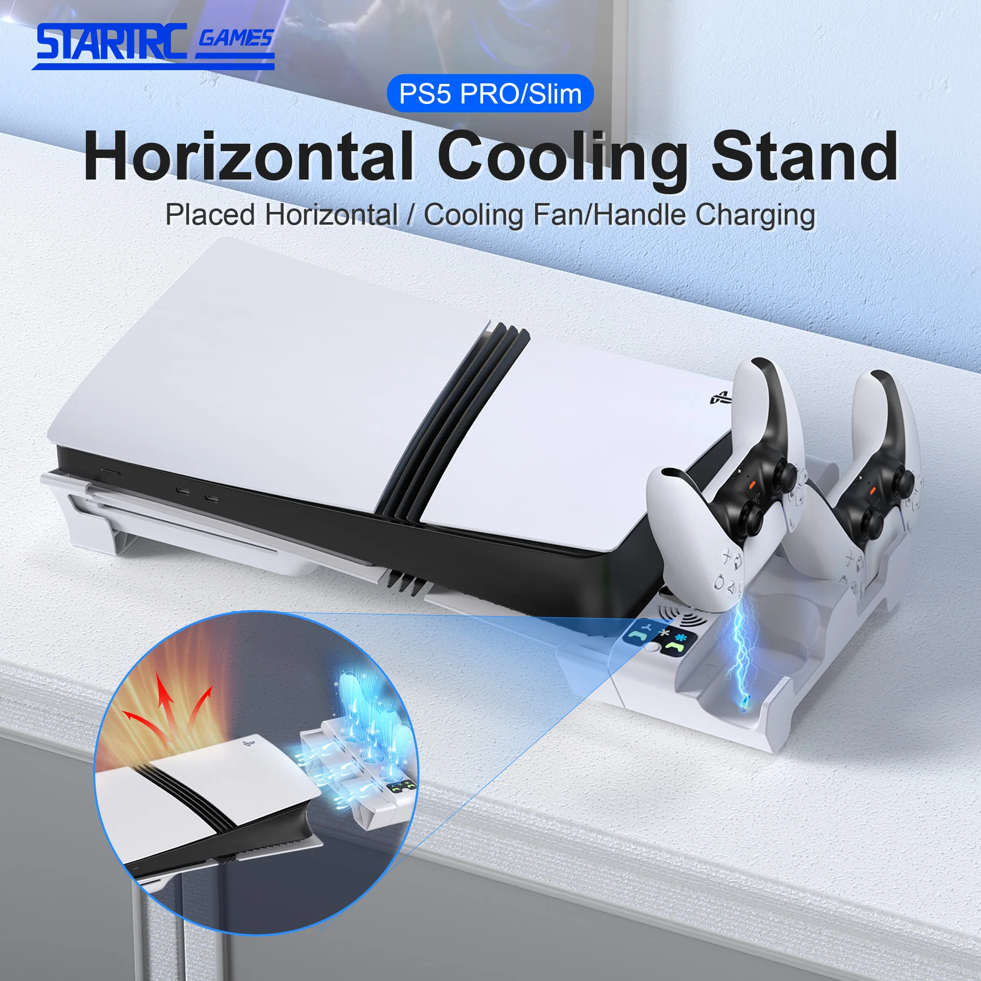 

PS5 Slim/Pro Stand and Cooling Station with LED Controller Charging Station for PlayStation 5 Slim Console, Controller Charger