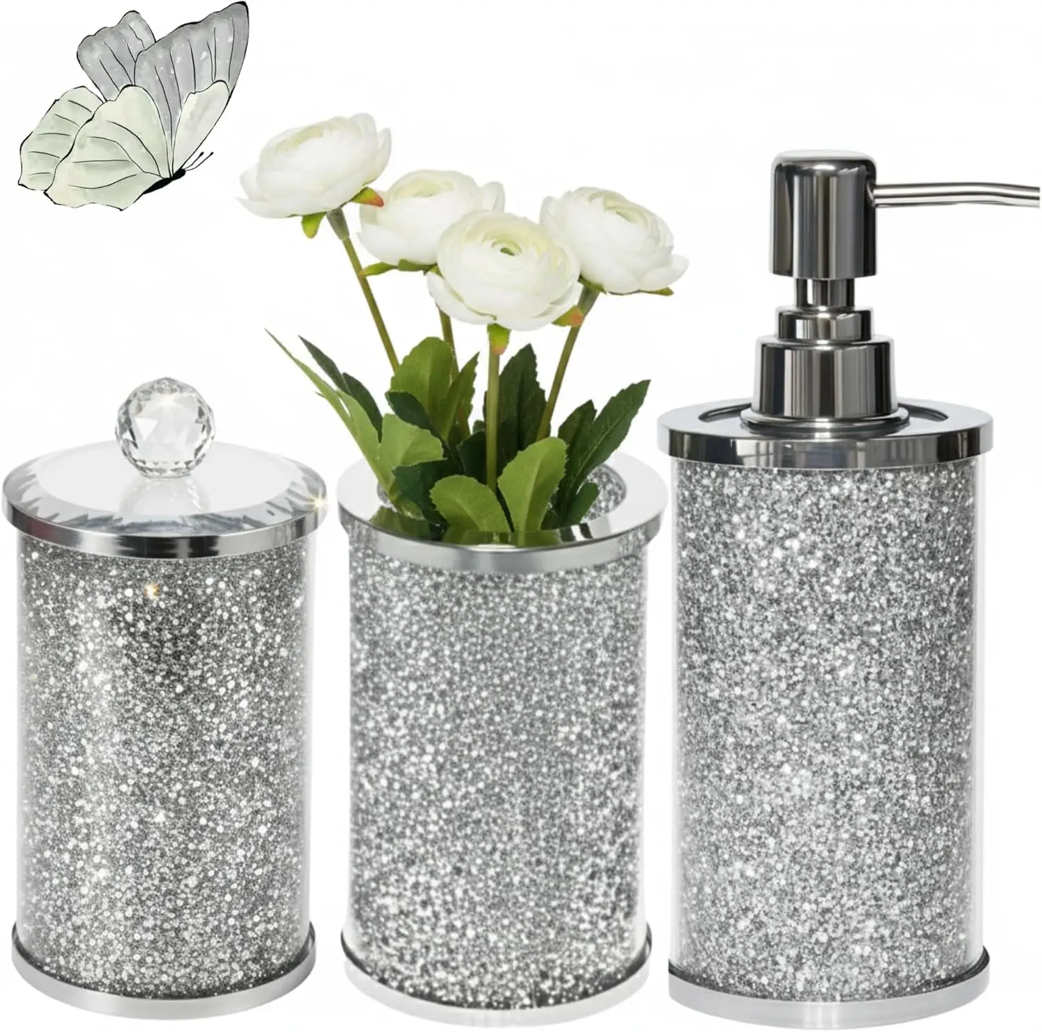 

Crushed Diamond Glass Bathroom Accessories Set 3 Pcs | Silver Crystal Soap Dispenser and Toothbrush Holder Set with Tumb