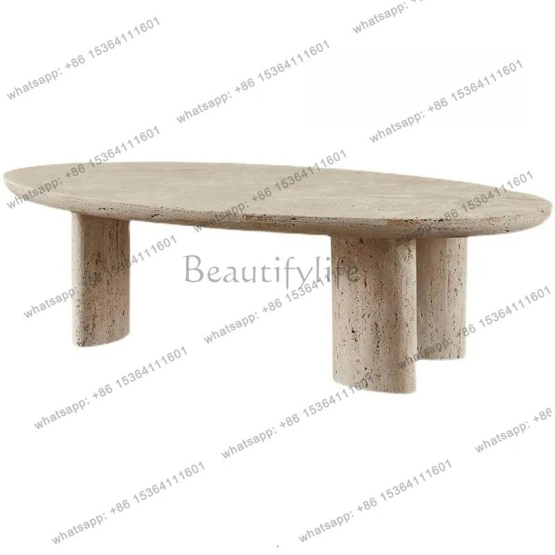 

"Designer Travertine Coffee Table - Wabi Sabi Oval Center Table, Custom Natural Stone Living Room Furniture"