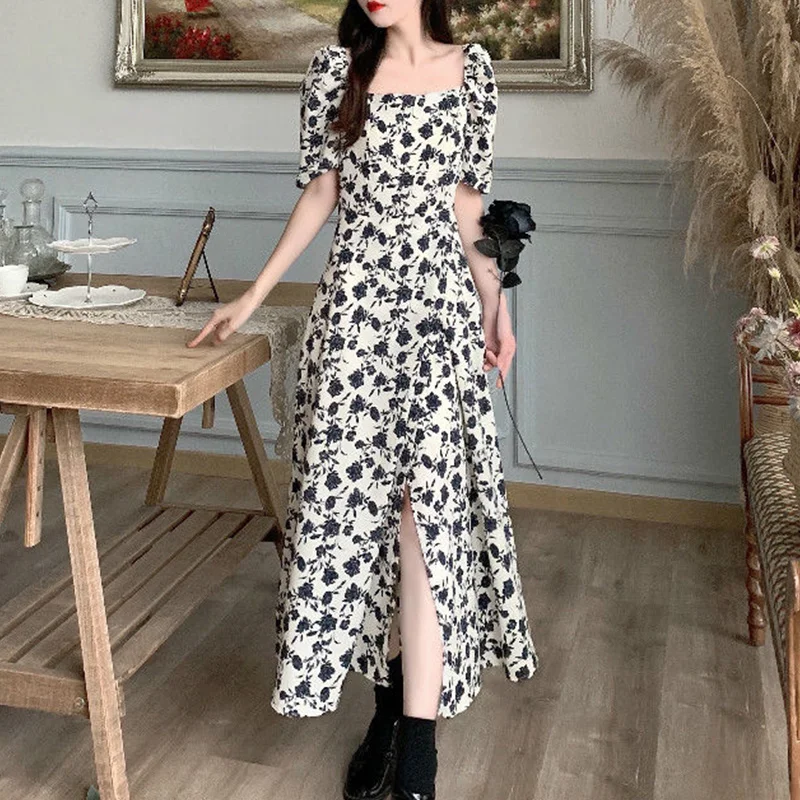 Summer Rose Floral Print Waist Robe Femme Temperament Fashion Chic Long Dress Women Elegant Aesthetic Casual Vestidos De Fiesta