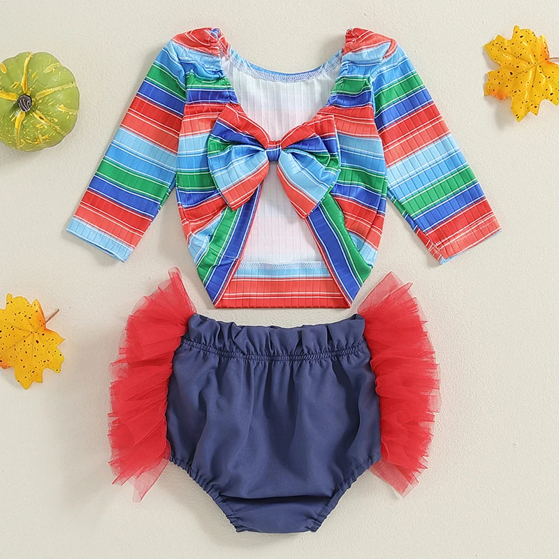 2024-06-29 Lioraitiin 3M-3Y Toddler Girls Halloween 2PCS Outfits Long Sleeve Bow Decor Striped Tops PP Shorts Sets