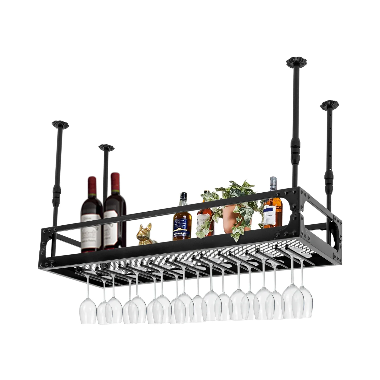 Industrial Vintage Bar Floating Shelf，Ceiling Mount Iron Wine Rack，Glass Hanging Holder Stemware Storage Organizer