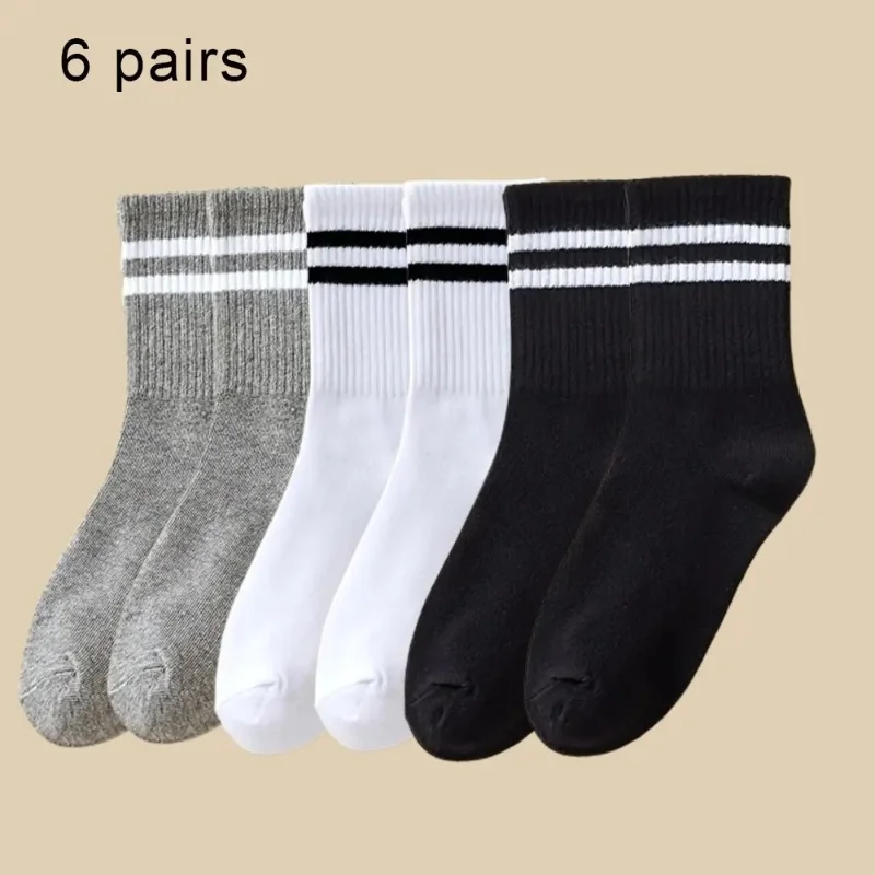 6 Pairs Women\'s Mid Socks Solid Color Breathable Comfortable In Autumn Winter Sweat Absorbing High-Quality Casual Socks Sports