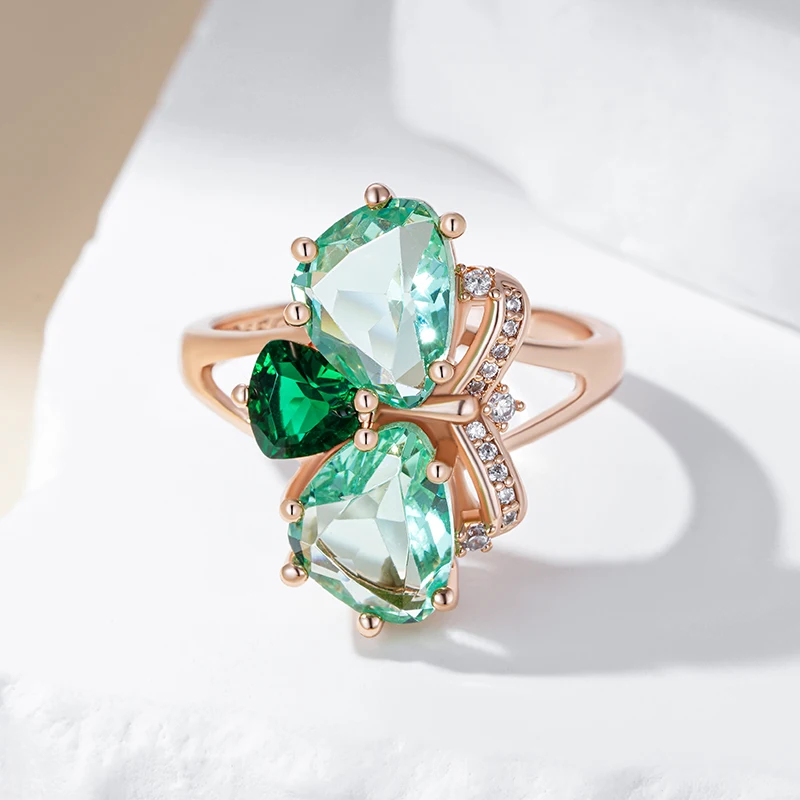Kinel Unique Green Stone Big Ring for Women Fashion Rhombus Natural Zircon Accessories 585 Rose Gold Color Vintage Daily Jewelry