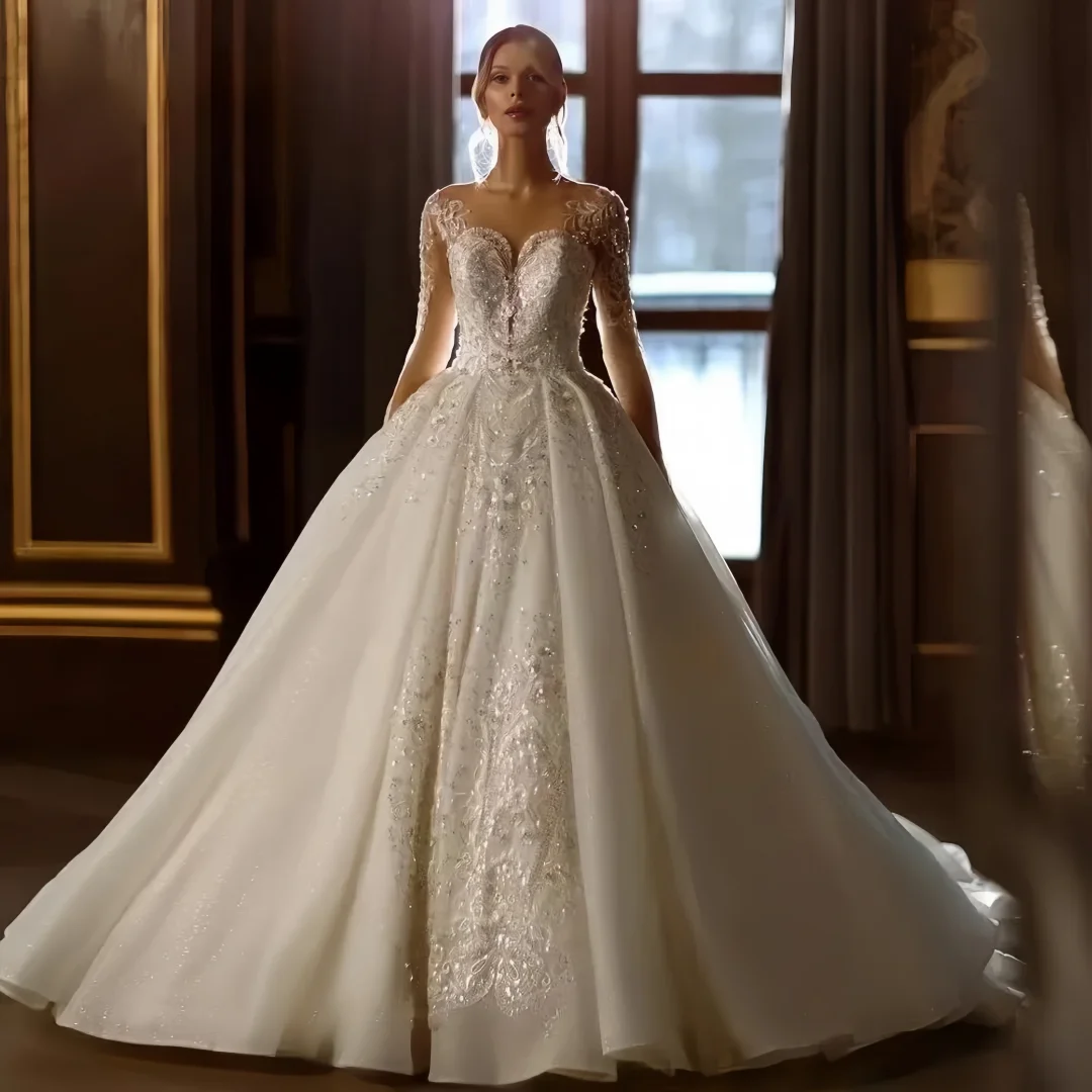 Customized Exquisite Charming  Wedding Dresses Sweetheart Long Sleeve Elegant Lace Bridal Gown Ball Gown Train Vestido De Novia