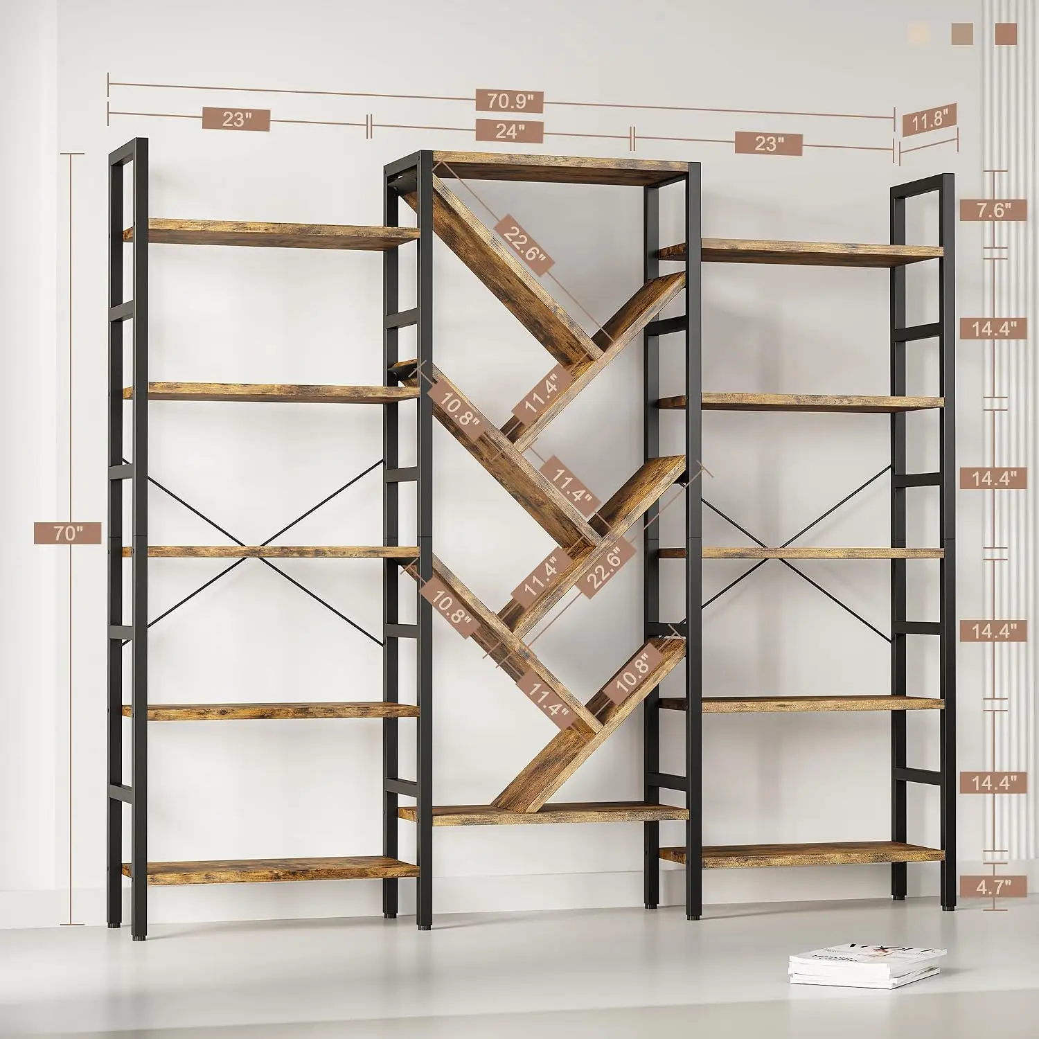 70x70 Triple 5 Tier Book Shelf, Large Wooden Bookcase With 17 Open Display Shelf, Modern Tree Bookshelf Metal Frame, Customized