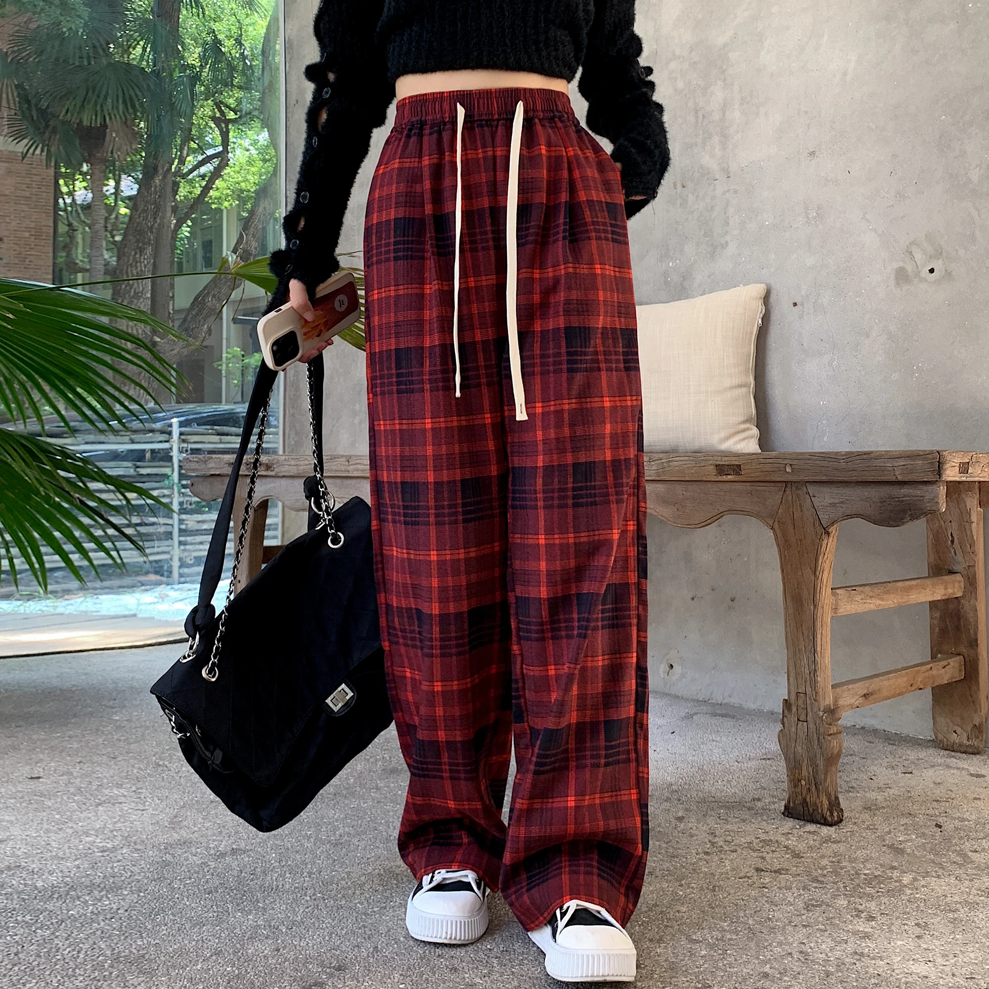 2024 Spring Retro Lazy Style Contrast Red Checkered Pants Children's Korean Edition High Waist Slim and Slimming Wide Leg Pants