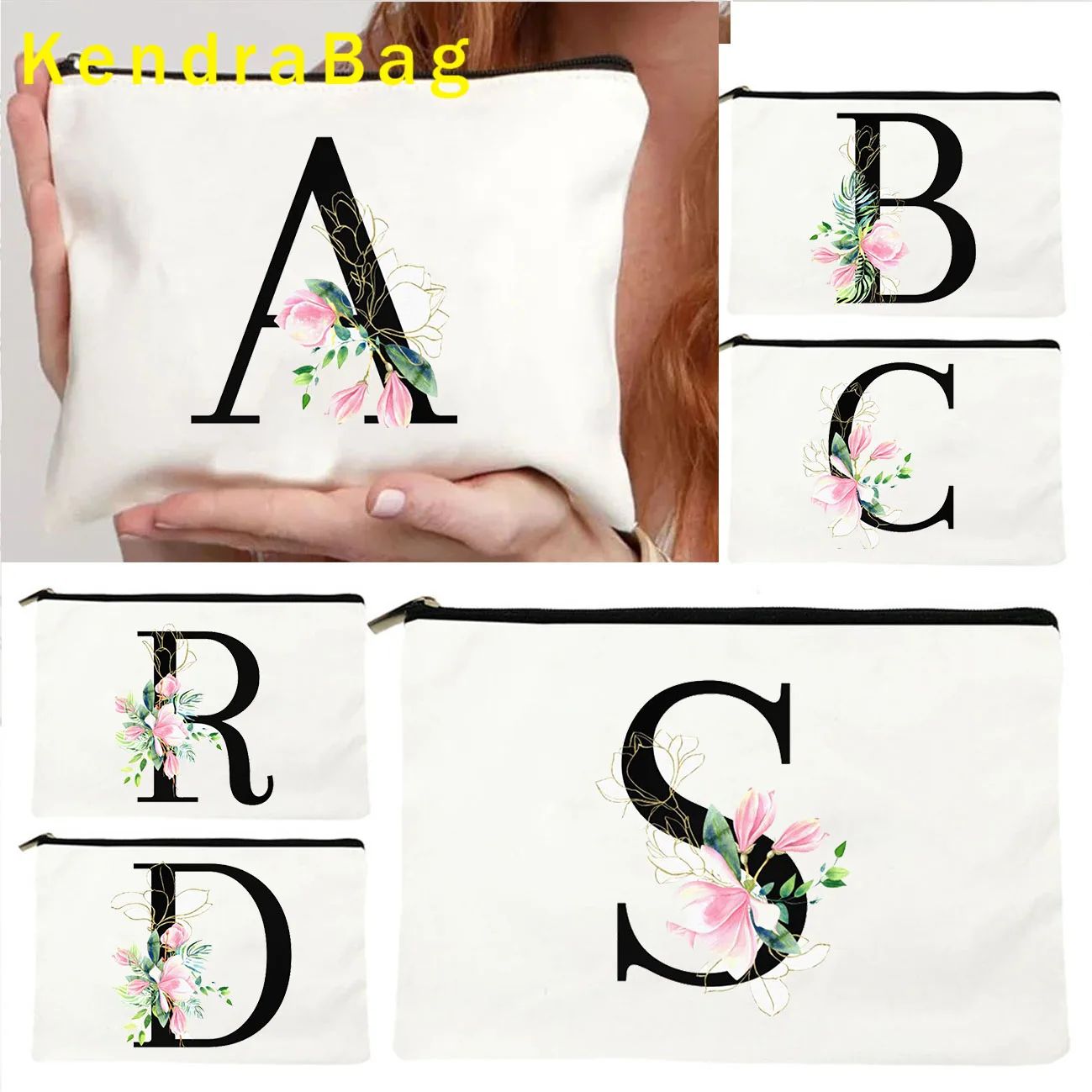 

Pretty Flower Black Initial Letter A to Z Floral Monogram Alphabet Cute Gift Canvas Cosmetic Makeup Bag Pencil Case Wallet Pouch