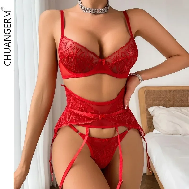 

CHUANGERM 3-Piece Outfits Luxury Sexy Lingerie Embroidery Mesh Patchwork Garter Belt Erotic Bra set Hot Women's Night Underwear