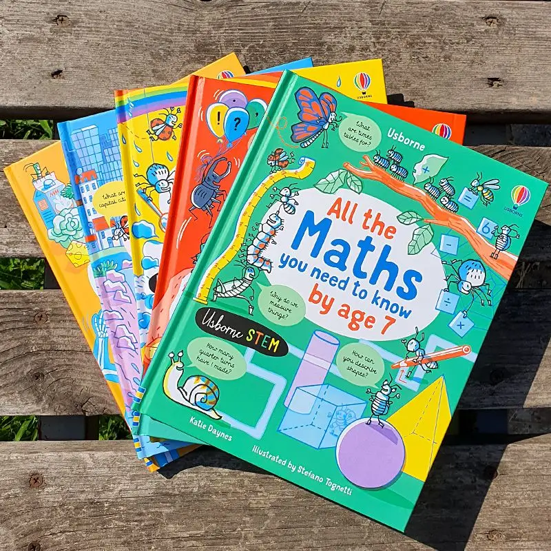Five hardcover children's books on English, science, math, grammar, popular science, encyclopedias, and picture books.