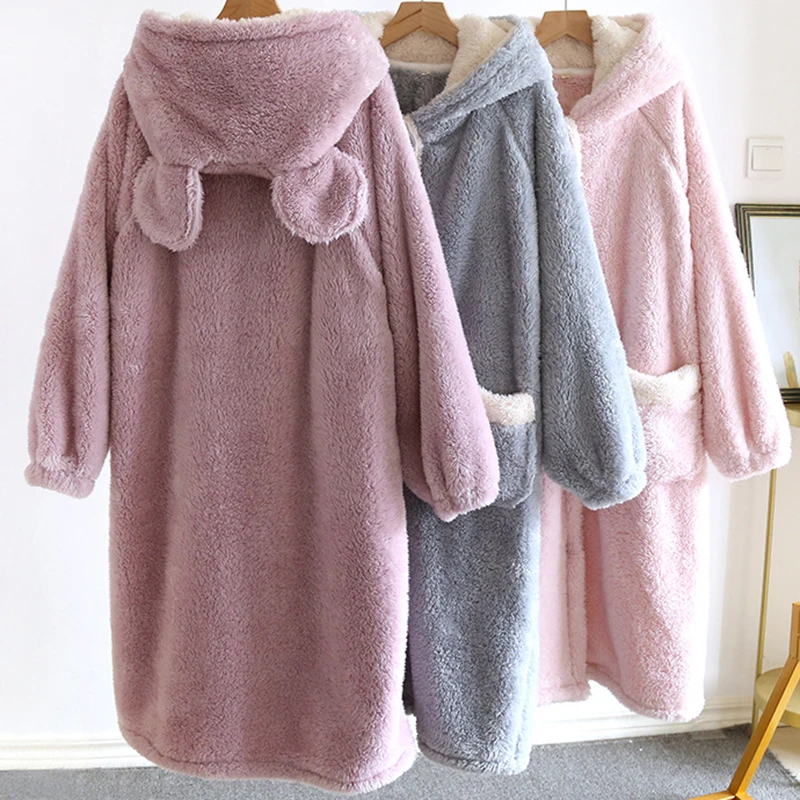 Thickened Coral Fleece Hooded Sleepwear Kimono Bathrobe Gown Winter Women Robe Nightgown Loose Warm Flannel Nightdress Home Wear