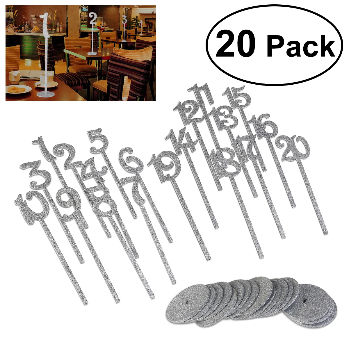 

20pcs Table Card Stands Round Base Wedding Reception Seating Assignments Banquet Number Holders Silver Wooden Place Cards